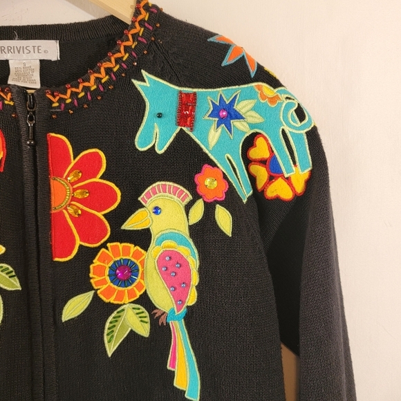 VTG 90's ARRIVISTE 3-D Knit Mix Media Full-Zip Sweater S Floral Birds Horse Cat - Picture 4 of 12